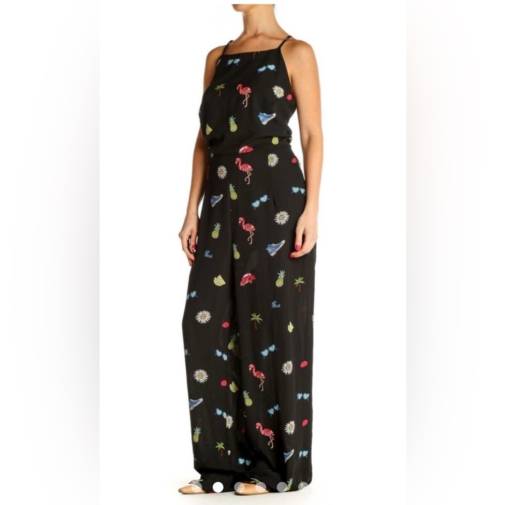 Vintage Nicole Miller Summer Print High-Neck Jumpsuit Black Wide Leg Flamingos